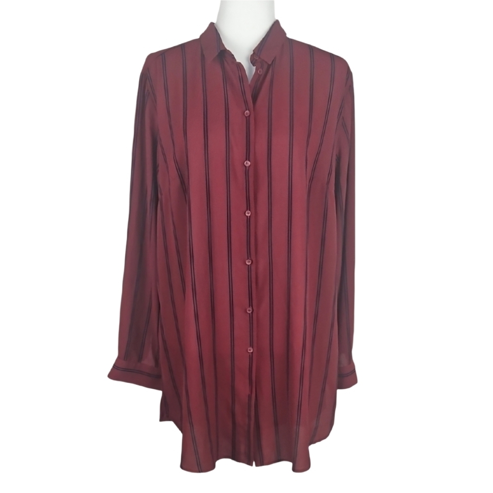 Burgundy Striped Tunic Dress Shirt by Divided by H&M Red Black Button Down